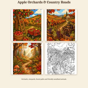K&ouml;nnte beinhalten: Eine digitale Sammlung mit dem Titel OMNI FRAME WORKS PART 3 - 8 COLORING PAGES Apple Orchards & Country Roads. Sie zeigt vier rechteckige Felder mit herbstlichen Szenen, Apfelb&auml;umen, Weinbergen, Waldwegen und einer schwarz-wei&szlig;en Strichzeichnung.
