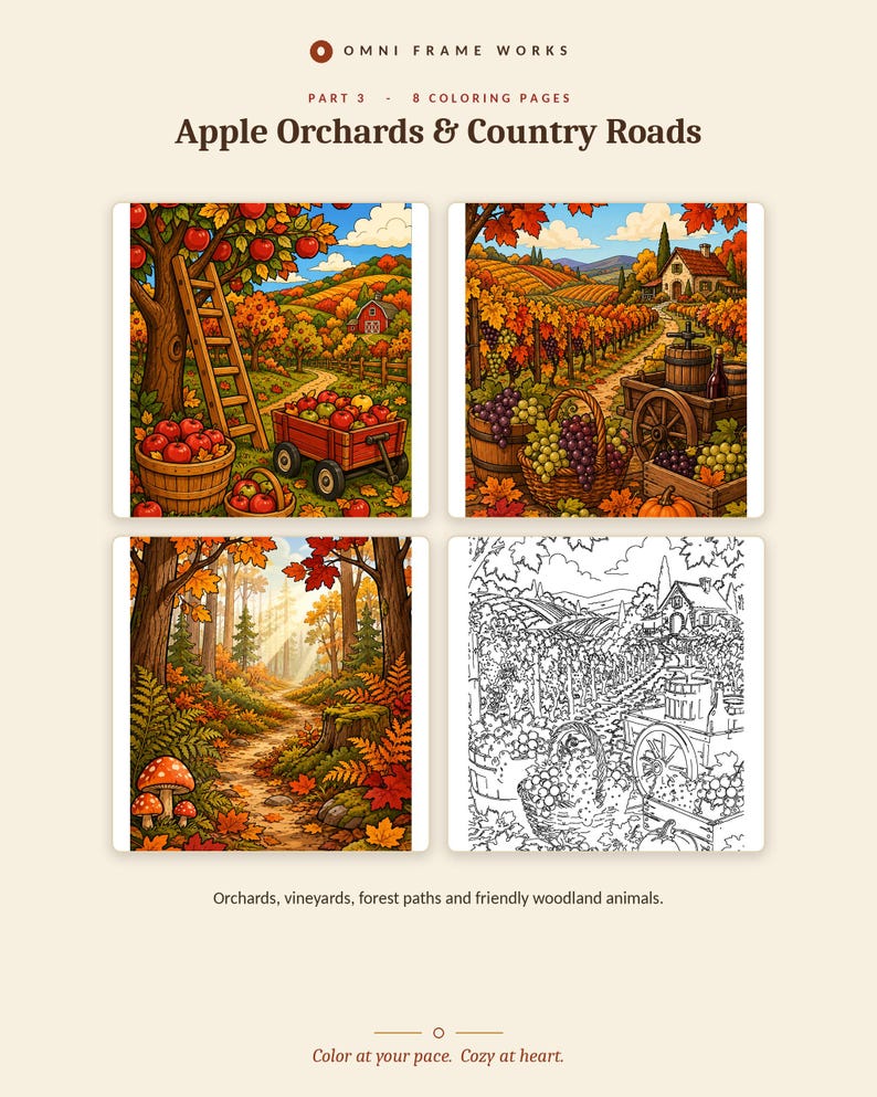 K&ouml;nnte beinhalten: Eine digitale Sammlung mit dem Titel OMNI FRAME WORKS PART 3 - 8 COLORING PAGES Apple Orchards & Country Roads. Sie zeigt vier rechteckige Felder mit herbstlichen Szenen, Apfelb&auml;umen, Weinbergen, Waldwegen und einer schwarz-wei&szlig;en Strichzeichnung.