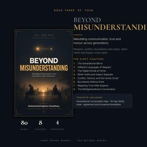 May include: A book titled Beyond Misunderstanding by Muhammad Sagheer Chaudhary, featuring a dark cover with two figures on benches facing a city skyline. The text lists eight chapters, including The Generational Mirror and The Digital Divide at Home.
