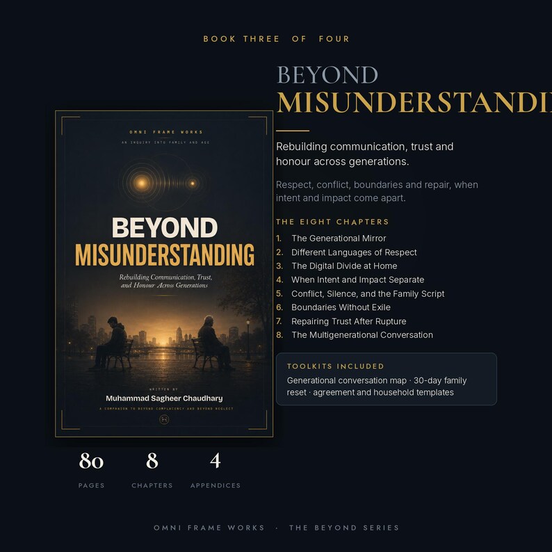 May include: A book titled Beyond Misunderstanding by Muhammad Sagheer Chaudhary, featuring a dark cover with two figures on benches facing a city skyline. The text lists eight chapters, including The Generational Mirror and The Digital Divide at Home.