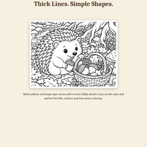 K&ouml;nnte beinhalten: Eine schwarz-wei&szlig;e Malvorlage mit einem Igel, der eine Eichel neben einem Korb voller Eicheln und Tannenzapfen h&auml;lt. Der Text lautet OMNI FRAME WORKS, DESIGNED FOR RELAXED COLORING, Thick Lines. Simple Shapes., sowie Color at your pace. Cozy at heart.