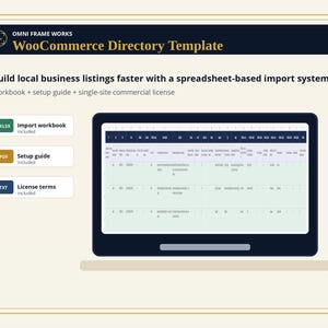 Peut inclure: Une pr&eacute;sentation de produit num&eacute;rique pour le mod&egrave;le Omni Frame Works WooCommerce Directory. Il comprend un syst&egrave;me d'importation par feuille de calcul, avec un classeur XLSX, un guide de configuration PDF et des termes de licence TXT sur tablette.