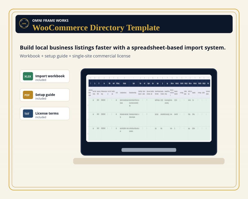 Peut inclure: Une pr&eacute;sentation de produit num&eacute;rique pour le mod&egrave;le Omni Frame Works WooCommerce Directory. Il comprend un syst&egrave;me d'importation par feuille de calcul, avec un classeur XLSX, un guide de configuration PDF et des termes de licence TXT sur tablette.