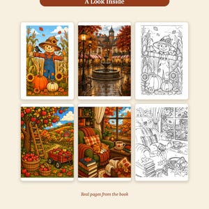 K&ouml;nnte beinhalten: Eine Sammlung von sechs rechteckigen Illustrationen aus einem Malbuch, die herbstliche Szenen mit einer Vogelscheuche, einem Dorfbrunnen, einer Apfelplantage und einem gem&uuml;tlichen Innenraum mit einer Katze in Farbe und als Strichzeichnung zeigen.