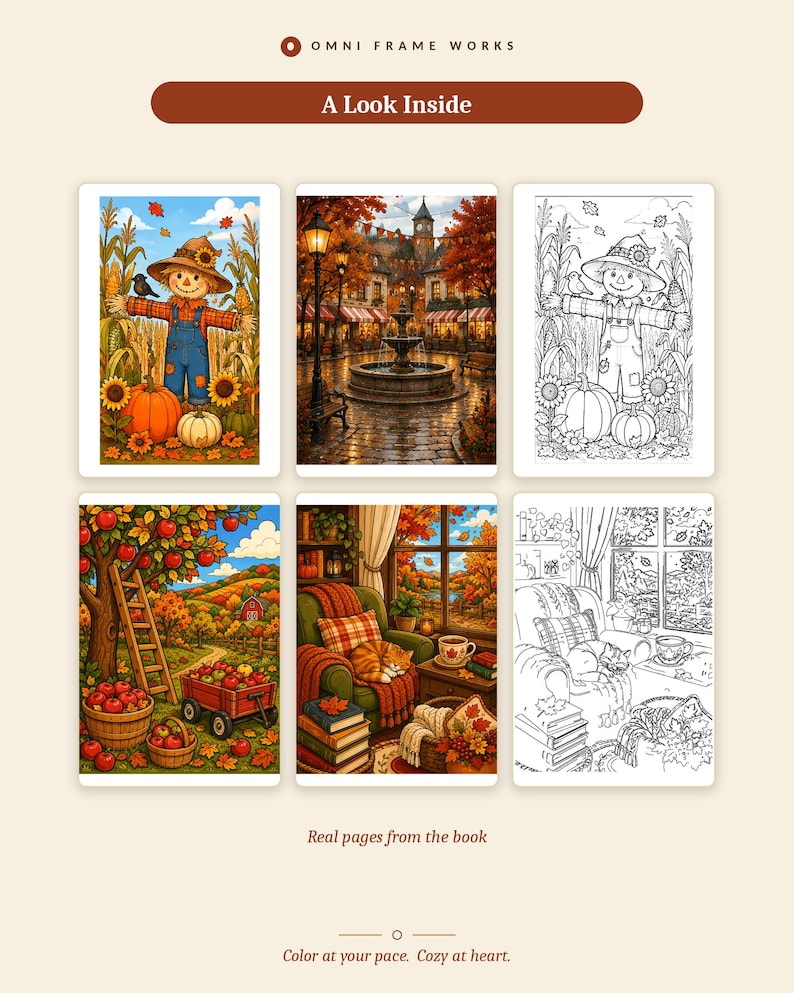 K&ouml;nnte beinhalten: Eine Sammlung von sechs rechteckigen Illustrationen aus einem Malbuch, die herbstliche Szenen mit einer Vogelscheuche, einem Dorfbrunnen, einer Apfelplantage und einem gem&uuml;tlichen Innenraum mit einer Katze in Farbe und als Strichzeichnung zeigen.