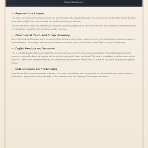 Op de afbeelding: Een document getiteld License and Terms van Omni Frame Works. Het beschrijft licenties voor persoonlijk gebruik, commerci&euml;le, team- en groepslicenties, garantie op digitale producten en handelsmerkinformatie op een cr&egrave;mekleurige achtergrond.