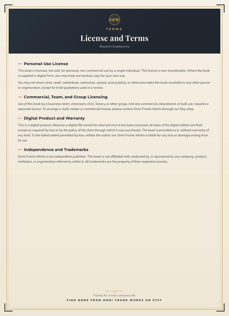 Op de afbeelding: Een document getiteld License and Terms van Omni Frame Works. Het beschrijft licenties voor persoonlijk gebruik, commerci&euml;le, team- en groepslicenties, garantie op digitale producten en handelsmerkinformatie op een cr&egrave;mekleurige achtergrond.