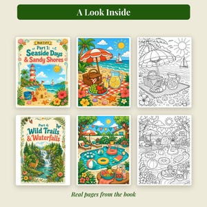 May include: A collection of coloring book pages featuring two cover designs titled Seaside Days & Sandy Shores and Wild Trails & Waterfalls, alongside four interior illustrations showing beach and pool scenes in both full color and line art formats.