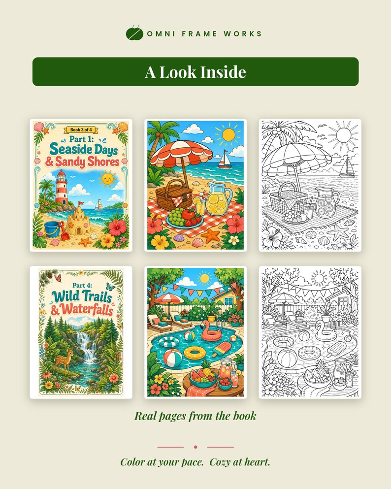 May include: A collection of coloring book pages featuring two cover designs titled Seaside Days & Sandy Shores and Wild Trails & Waterfalls, alongside four interior illustrations showing beach and pool scenes in both full color and line art formats.