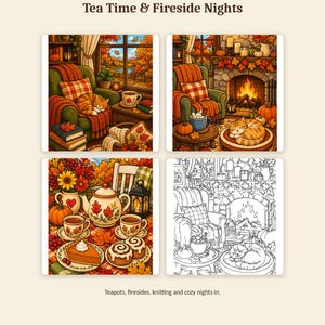 K&ouml;nnte beinhalten: Eine Sammlung von acht Ausmalbildern mit dem Titel Omni Frame Works Part 4 Tea Time & Fireside Nights. Die Bilder zeigen herbstliche Szenen mit Katzen, Kaminen, K&uuml;rbissen, Teesets und Geb&auml;ck in farbigen sowie schwarz-wei&szlig;en Strichzeichnungen.