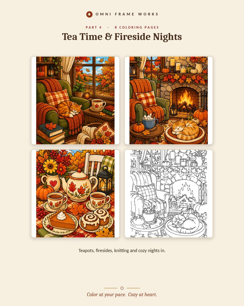 K&ouml;nnte beinhalten: Eine Sammlung von acht Ausmalbildern mit dem Titel Omni Frame Works Part 4 Tea Time & Fireside Nights. Die Bilder zeigen herbstliche Szenen mit Katzen, Kaminen, K&uuml;rbissen, Teesets und Geb&auml;ck in farbigen sowie schwarz-wei&szlig;en Strichzeichnungen.