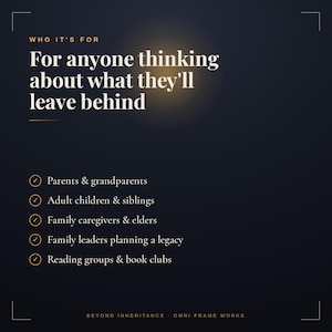 Op de afbeelding: Een donker marineblauwe informatieve afbeelding met witte tekst: WHO IT'S FOR, For anyone thinking about what they'll leave behind. Een lijst volgt met vinkjes voor ouders, grootouders, volwassen kinderen, broers en zussen, zorgverleners, ouderen, familiehoofden en boekenclubs. Onderaan staat BEYOND INHERITANCE OMNI FRAME WORKS.