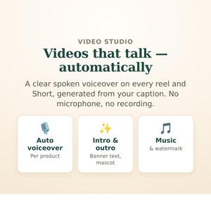 Peut inclure: Un graphique num&eacute;rique intitul&eacute; Video Studio avec le texte Videos that talk &mdash; automatically et A clear spoken voiceover on every reel and Short, generated from your caption. No microphone, no recording. Trois cases pr&eacute;sentent des ic&ocirc;nes pour Auto voiceover, Intro & outro, et Music & watermark.