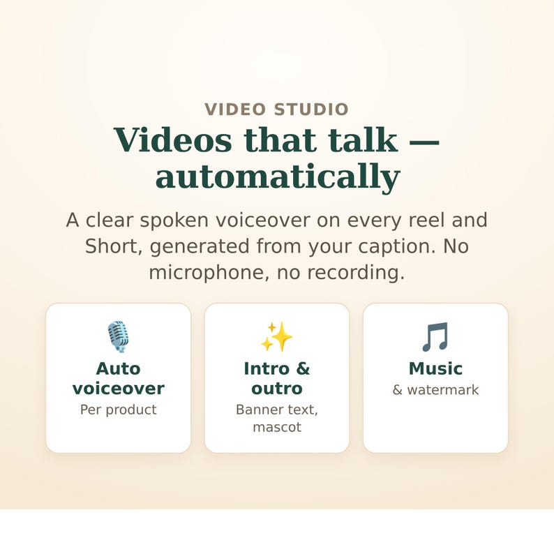 Peut inclure: Un graphique num&eacute;rique intitul&eacute; Video Studio avec le texte Videos that talk &mdash; automatically et A clear spoken voiceover on every reel and Short, generated from your caption. No microphone, no recording. Trois cases pr&eacute;sentent des ic&ocirc;nes pour Auto voiceover, Intro & outro, et Music & watermark.