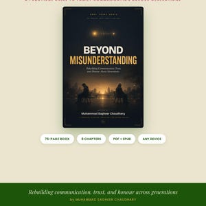 K&ouml;nnte beinhalten: Ein digitales Buchcover mit dem Titel Beyond Misunderstanding von Muhammad Sagheer Chaudhary. Das Cover zeigt zwei Personen, die auf B&auml;nken sitzen und auf eine Stadtsilhouette bei Sonnenuntergang blicken. Der Text enth&auml;lt A Practical Guide.