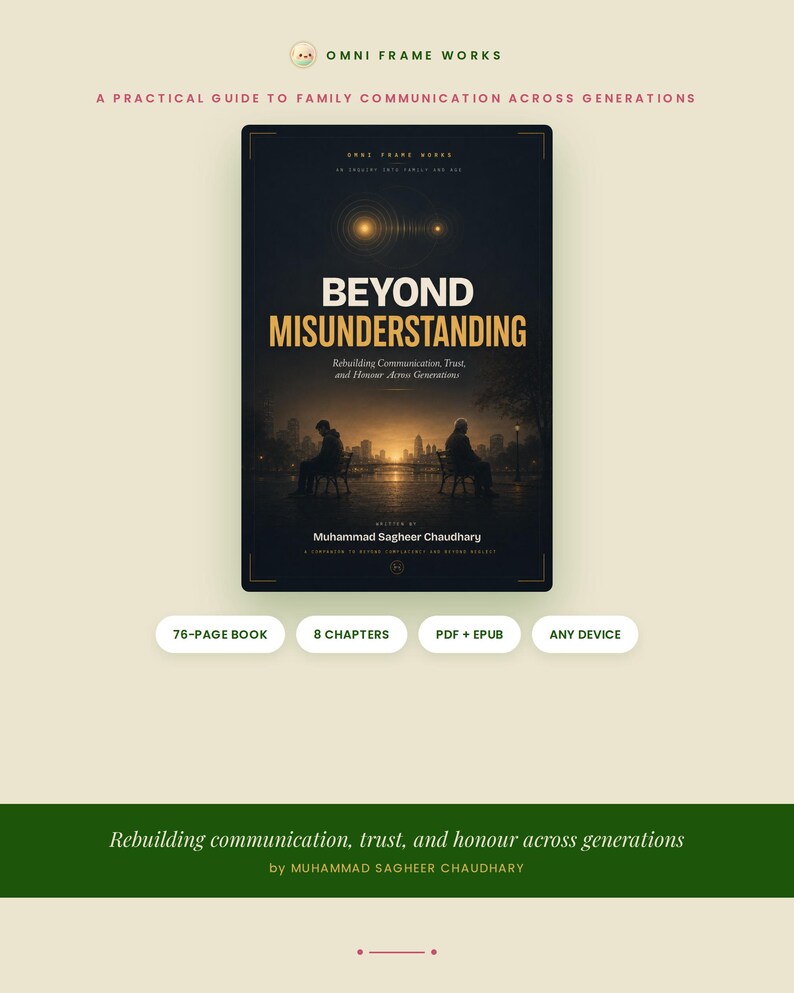 K&ouml;nnte beinhalten: Ein digitales Buchcover mit dem Titel Beyond Misunderstanding von Muhammad Sagheer Chaudhary. Das Cover zeigt zwei Personen, die auf B&auml;nken sitzen und auf eine Stadtsilhouette bei Sonnenuntergang blicken. Der Text enth&auml;lt A Practical Guide.