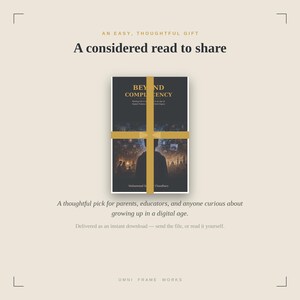 Op de afbeelding: Een boek getiteld Beyond Complacency met een donkere kaft, een silhouet van een persoon en gouden tekst. Het boek is omwikkeld met een gouden lint. De tekst op de pagina luidt: An easy, thoughtful gift, A considered read to share, OMNI FRAME WORKS.