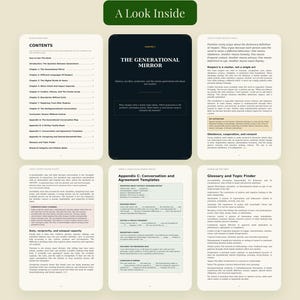 K&ouml;nnte beinhalten: Eine Sammlung von Buchseiten von Omni Frame Works mit dem Titel The Generational Mirror. Das Layout umfasst ein Inhaltsverzeichnis, Kapiteltexte, Konversationsvorlagen und ein Glossar. Die Seiten zeigen schwarzen Text auf wei&szlig;em Grund.