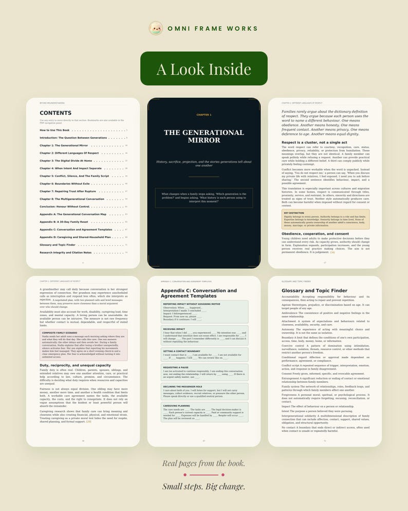 K&ouml;nnte beinhalten: Eine Sammlung von Buchseiten von Omni Frame Works mit dem Titel The Generational Mirror. Das Layout umfasst ein Inhaltsverzeichnis, Kapiteltexte, Konversationsvorlagen und ein Glossar. Die Seiten zeigen schwarzen Text auf wei&szlig;em Grund.