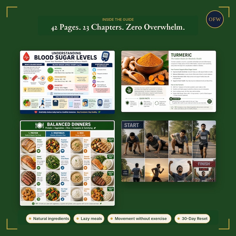 May include: A digital guide titled OFW featuring 42 pages and 23 chapters. It includes informational charts on blood sugar levels, the health benefits of turmeric, a balanced dinner meal planning guide, and motivational running imagery.