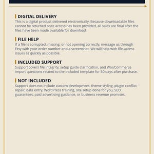 Peut inclure: Un document num&eacute;rique intitul&eacute; Omni Frame Works Refund & Support. Il d&eacute;taille les politiques de livraison num&eacute;rique, d'aide aux fichiers, de support inclus pour les mod&egrave;les WooCommerce et les exclusions comme le d&eacute;veloppement personnalis&eacute;.