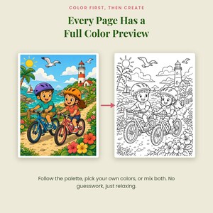 May include: A coloring book page featuring a full-color illustration and a black-and-white line art version of two children riding bicycles near a lighthouse. Text includes OMNI FRAME WORKS, COLOR FIRST, THEN CREATE, Every Page Has a Full Color Preview, Follow the palette, pick your own colors, or mix both. No guesswork, just relaxing. Color at your pace. Cozy at heart.