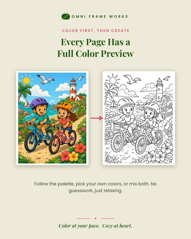 May include: A coloring book page featuring a full-color illustration and a black-and-white line art version of two children riding bicycles near a lighthouse. Text includes OMNI FRAME WORKS, COLOR FIRST, THEN CREATE, Every Page Has a Full Color Preview, Follow the palette, pick your own colors, or mix both. No guesswork, just relaxing. Color at your pace. Cozy at heart.
