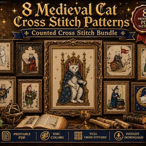 Puede incluir: Una colección digital de 8 patrones de punto de cruz de gatos medievales con una imagen central de un gato coronado en un trono. El paquete incluye diseños PDF imprimibles de gatos con vestimenta histórica, como un mago o un caballero.