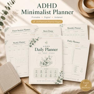 Puede incluir: Una colección de páginas de planificador minimalista para TDAH con fondo crema e ilustraciones de hojas verdes. El texto incluye ADHD Minimalist Planner, Focus Session Planner, Brain Dump, Monthly Planner, Weekly Planner y Daily Planner.