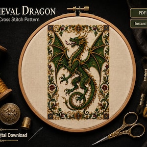 Medeltida drake korsstygnsmönster PDF | Broderidiagram med fantasidrake | Upplyst manuskript | Castlecore Decor | Digital nedladdning