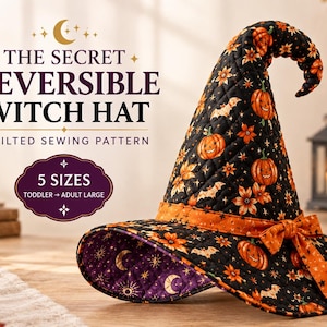 Patron de chapeau de sorcière à coudre | Costume d'Halloween réversible et matelassé (PDF) | 5 tailles, du bébé à l'adulte | Patron à imprimer soi-même
