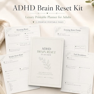 Peut inclure: Un kit de réinitialisation cérébrale TDAH comprenant une couverture de planificateur centrale avec le texte ADHD BRAIN RESET PLANNER et plusieurs pages imprimables dont Morning Reset, Evening Brain Dump, Weekly Brain Reset et Task Breakdown.