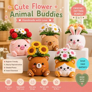 May include: Five crocheted animal figures, including a pig, bear, and rabbit, each topped with colorful yarn flowers. The text reads Cute Flower Animal Buddies, Crochet Pattern Bundle, 5 in 1, Beginner Friendly, and knot nest pattern.