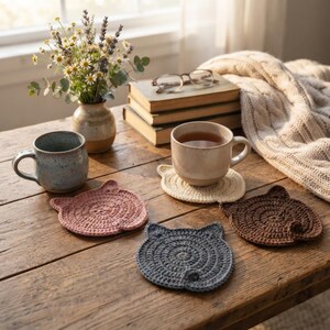 May include: A set of four circular crochet coasters shaped like cat heads, featuring pointed ears and a small tail detail. The coasters are colored in dusty pink, cream, dark gray, and dark brown, arranged on a wooden surface with two mugs.