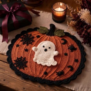 Crochet Pumpkin Ghost Mat Pattern PDF | Halloween Table Decor Crochet | Ghost Applique Placemat | Beginner Halloween Crochet