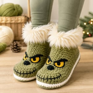Peut inclure: Une paire de chaussons en crochet vert olive arborant un visage de personnage avec des yeux jaunes, des sourcils noirs et une bouche noire brodée. Les chaussons présentent un liseré blanc sur la semelle et un revers en fausse fourrure crème.