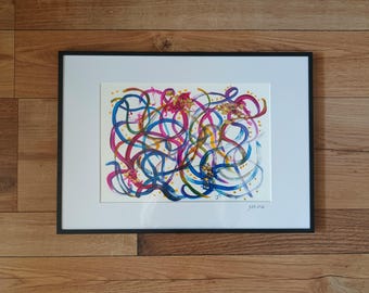 HEARTSTRINGS LOOPS; abstract acrylic painting; A3-framed with Passepartout - Spiral Art with Gold Leaf| Mindful Abstract Painting