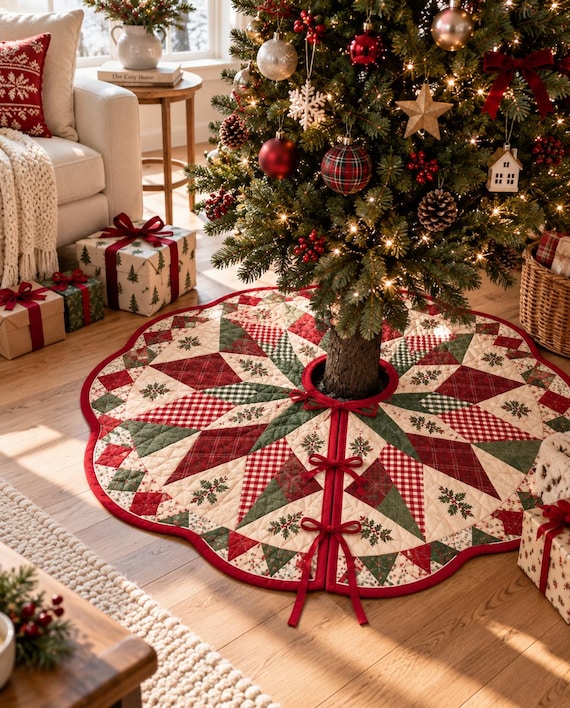 Christmas Tree Skirt, Patchwork Tree Skirt, Farmhouse Christmas Tree Decor, Red Green Holiday Tree Skirt, Rustic Xmas Decoration
