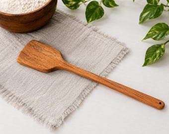 Spatule en bois artisanale, spatule en bois de neem, ustensile de cuisine, spatule plate en bois à long manche, spatule écologique et antiadhésive