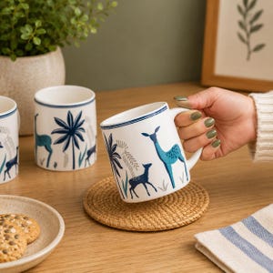 May include: A white ceramic mug featuring a blue and teal printed pattern of deer and palm trees. The mug has a simple handle and a thin blue rim detail. The design includes stylised silhouettes of adult and young deer amidst tropical foliage.