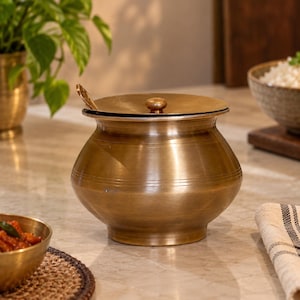 May include: A round brass pot with a smooth, metallic finish and a matching lid featuring a small central knob. The pot has a wide, curved body with subtle horizontal line engravings around the middle and a slightly flared rim for a secure fit.