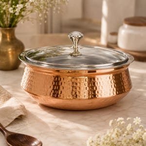 Pure Copper Handi, Hand Hammered Cooking Pot with Glass Lid, 800ml Cooking Pot, Farmhouse Kitchen Decor, Traditional Copperware Cookware