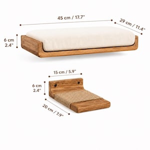 May include: A wooden wall-mounted platform with a cream-colored cushion measuring 17.7 inches by 11.4 inches by 2.4 inches, and a smaller wooden step with a sisal rope wrap measuring 5.9 inches by 7.9 inches by 2.4 inches for wall installation.