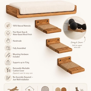 May include: A handmade cat wall set featuring one rectangular bed with a cream cushion and three wooden steps with rope-wrapped surfaces. The set is made of pine wood with a water-based finish, supports up to 15 kg, and includes mounting hardware.