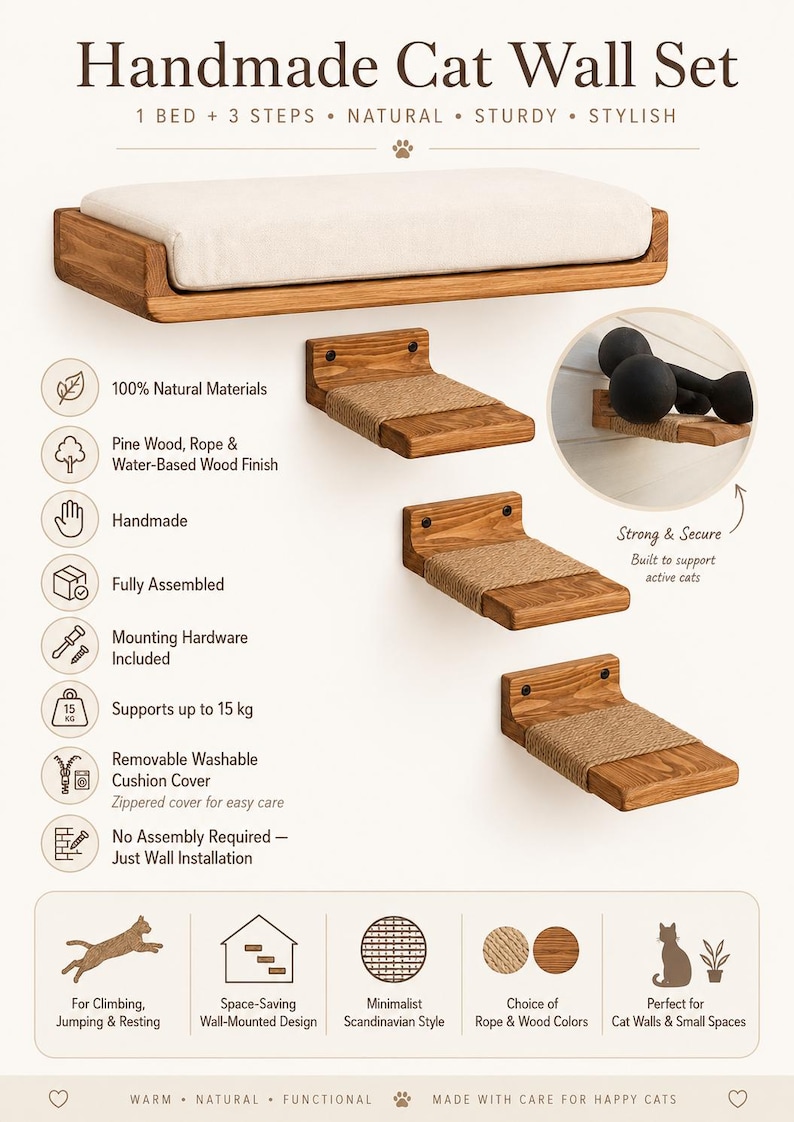 May include: A handmade cat wall set featuring one rectangular bed with a cream cushion and three wooden steps with rope-wrapped surfaces. The set is made of pine wood with a water-based finish, supports up to 15 kg, and includes mounting hardware.