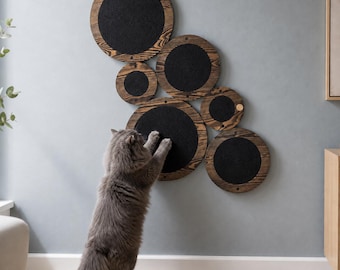 Modern Cat Wall Scratcher Set, Black-Stained Pine, 6 Round Panels