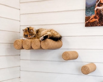 Wooden Cat Wall Furniture Set with Wall Mounted Cat Bed, 3 Rope Steps, Floating Perch, Jute or Cotton Rope Scratcher
