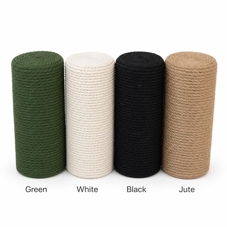 Rope color samples for cat wall steps including green, white, black, and natural jute.