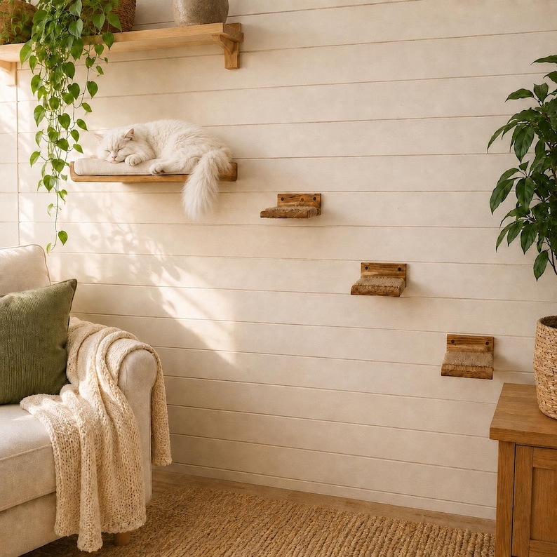 Indoor cat using a handmade wooden cat wall bed and step set for climbing and resting.
