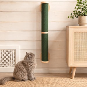 Green Cat Wall Scratcher, Wall Mounted Cat Scratching Post, Wooden Cat Climbing Furniture for Indoor Cats
